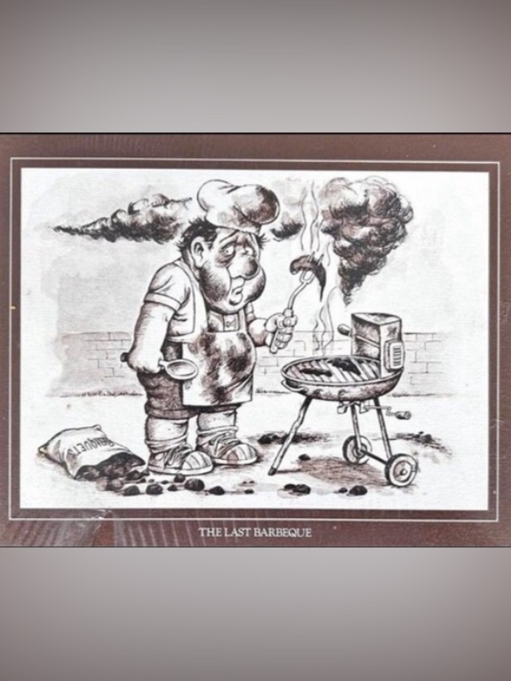 Vintage 1975 sealed “The Last Barbeque” Funny grill cartoon Plaque By Hot Shots